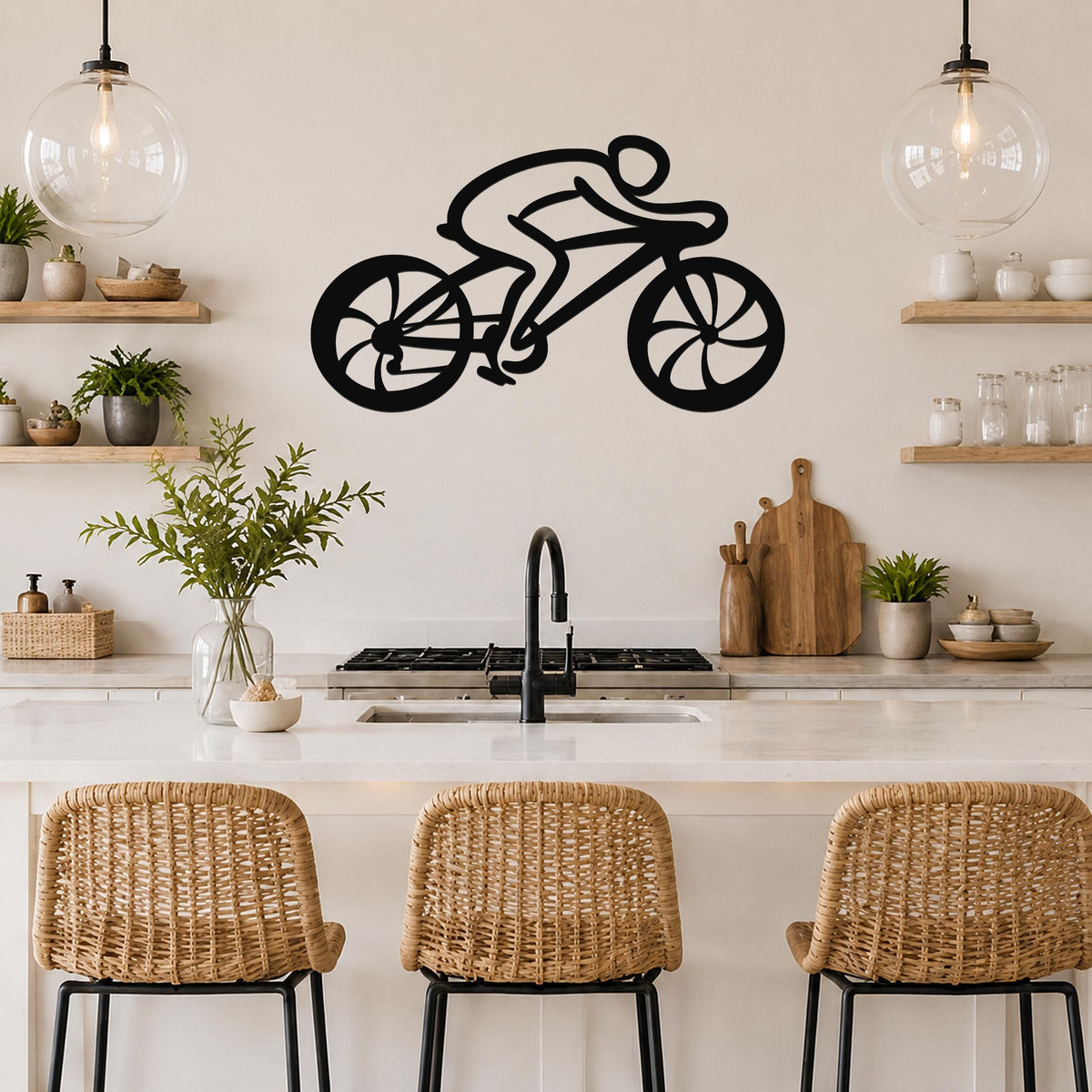 Black metal wall art featuring a cyclist silhouette with cutout wheels, mounted above a kitchen counter.