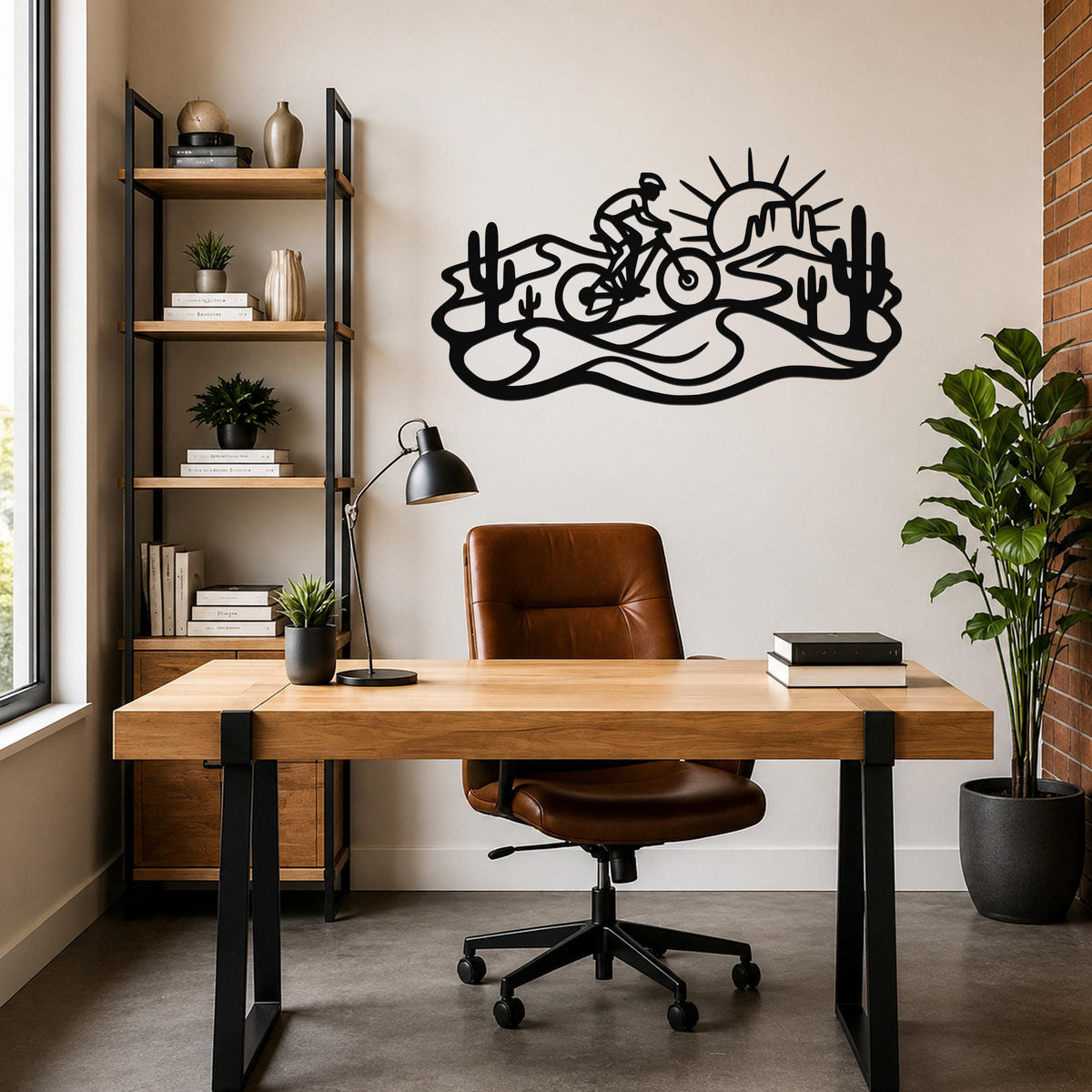 Black metal wall art with a desert silhouette of a cyclist, cacti, and sun, mounted above a wooden desk in a home office.