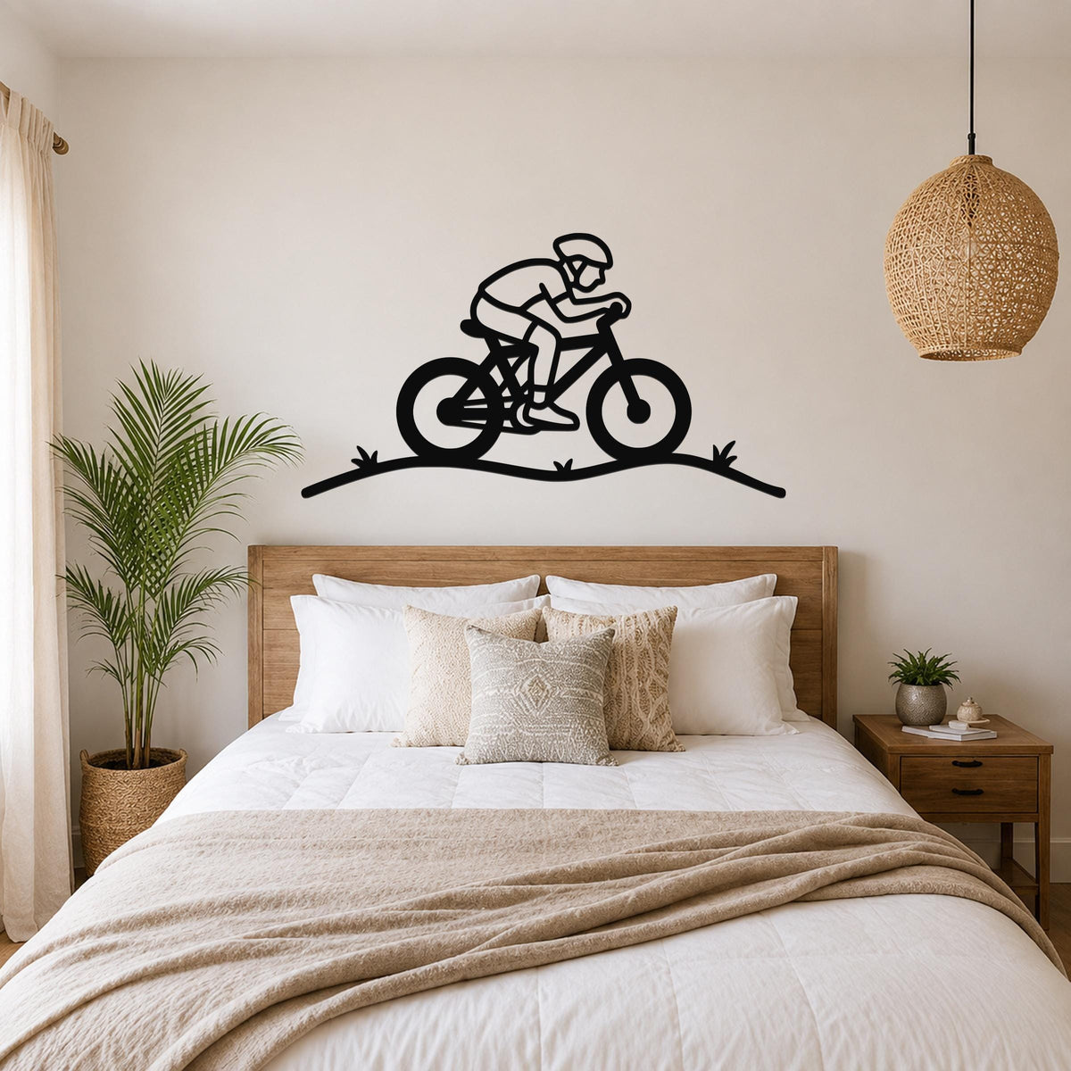Black metal wall art of a cyclist silhouette on a bike with motion lines, mounted above a bed in a bedroom.