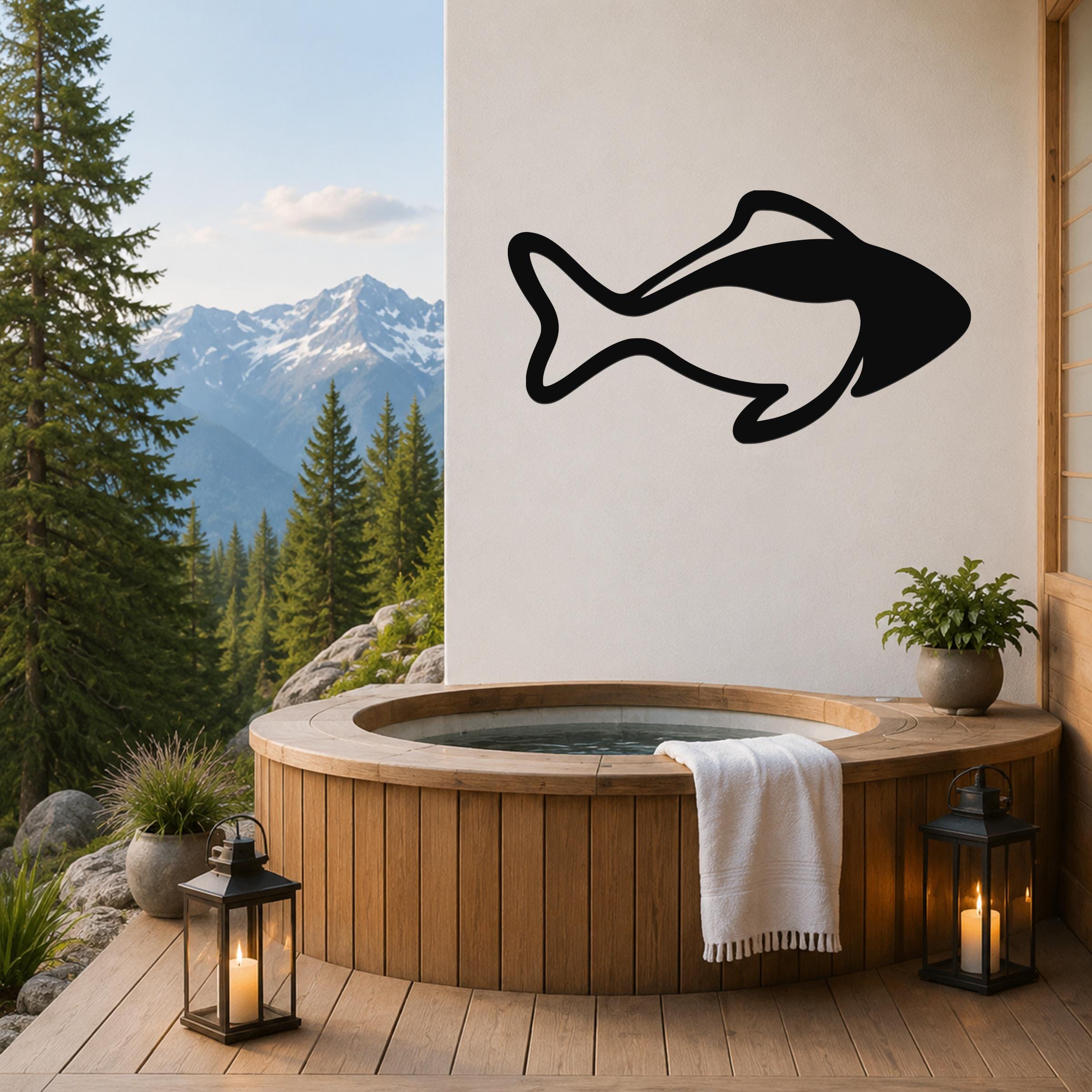 Black metal fish silhouette wall art mounted on a white wall above a wooden hot tub on a mountain-view deck.