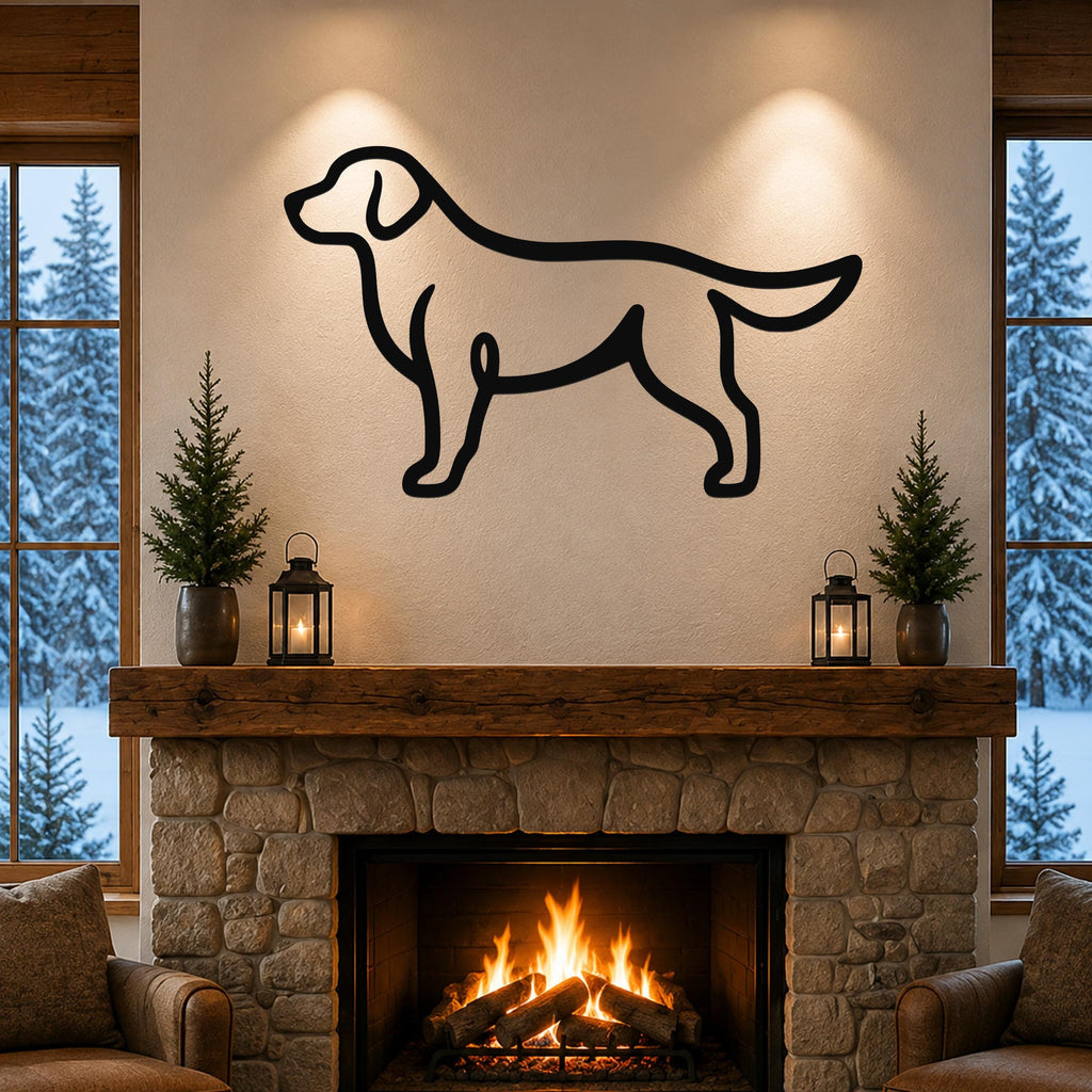 Black metal dog silhouette wall art mounted above a stone fireplace in a cozy living room with snow outside.