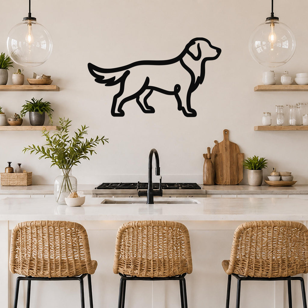 Black metal dog silhouette wall art, a golden retriever in profile, mounted on a kitchen wall above a counter with wicker bar stools.