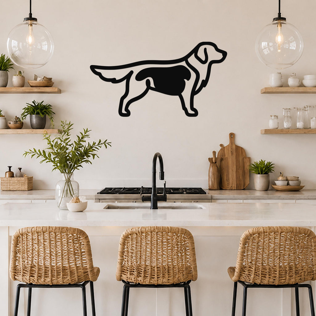 Black metal dog silhouette wall art with internal cutout details, mounted on a kitchen wall above a counter.