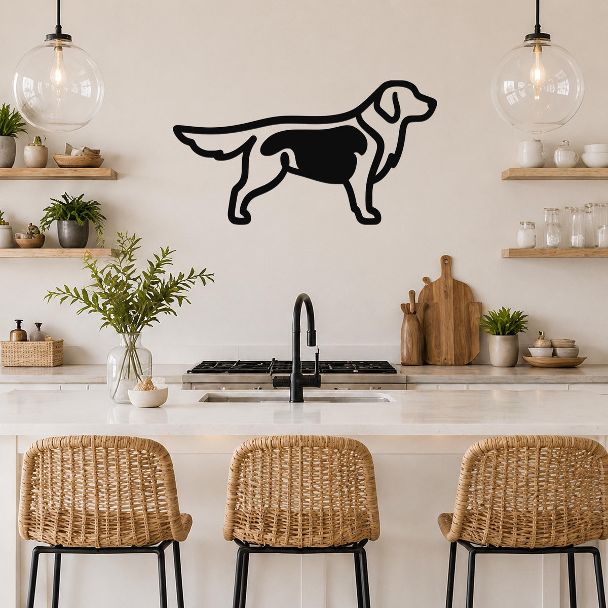 Black metal dog silhouette wall art with internal cutout details, mounted on a kitchen wall above a counter.