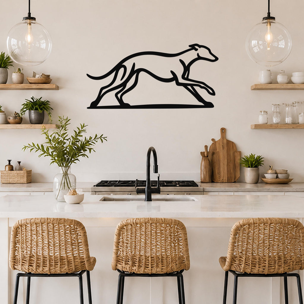 Black metal greyhound wall art with motion-line cutouts, mounted above a kitchen counter in a modern kitchen.