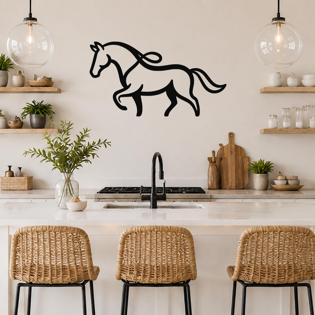 Black metal horse wall art silhouette with flowing mane and tail, mounted on a kitchen wall above a counter with wicker bar stools.