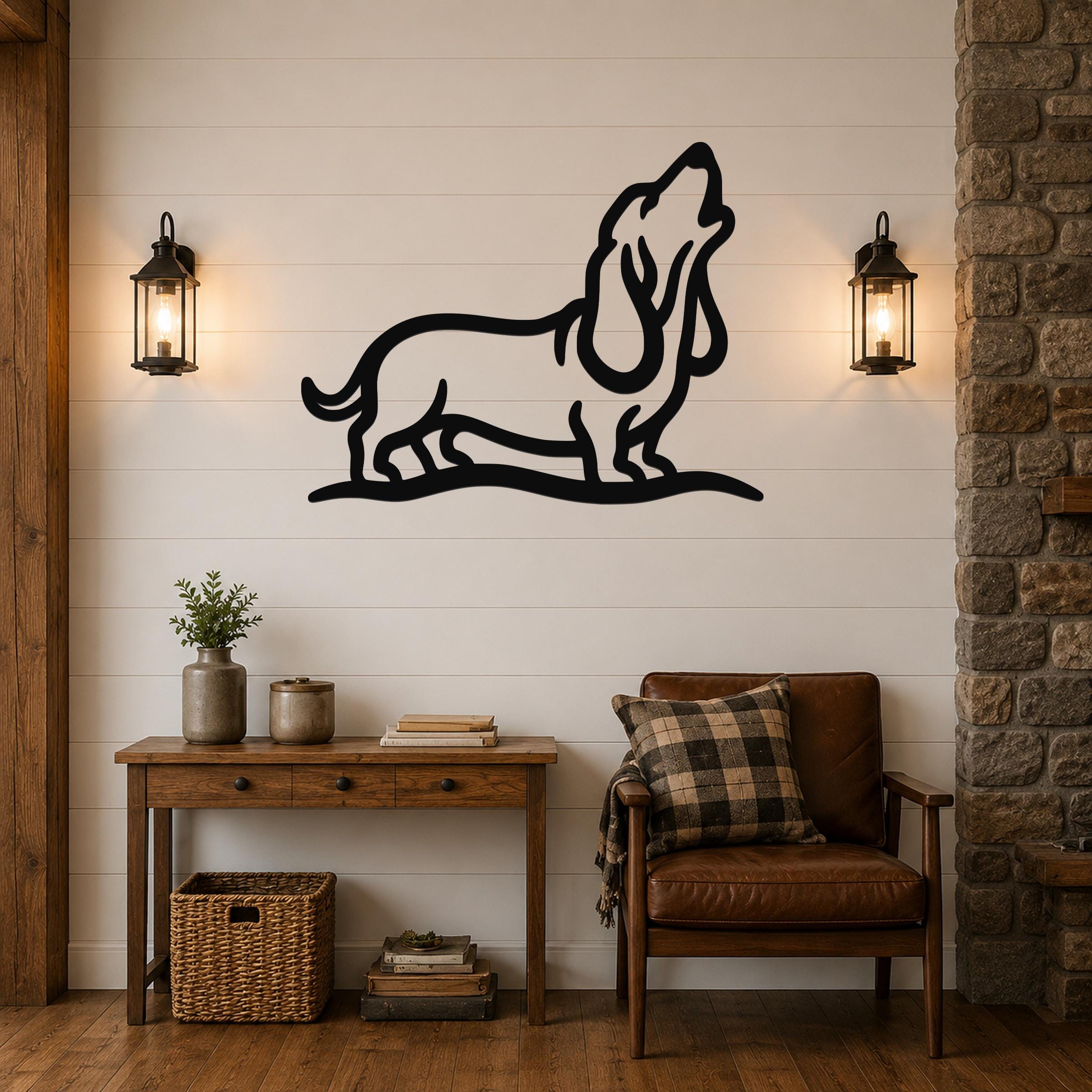Black metal wall art of a howling basset hound silhouette, mounted on a shiplap wall above a wooden console table in a rustic living room.