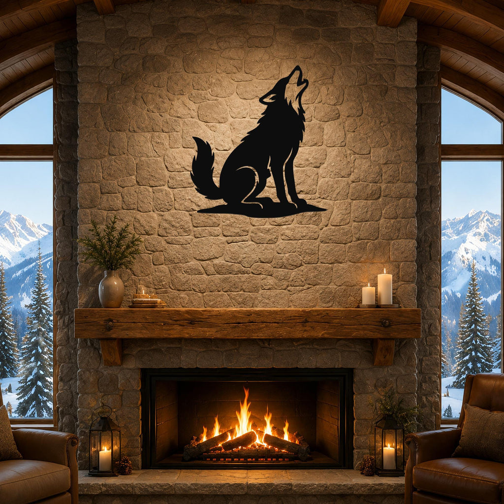 Black metal coyote wall art in a howling silhouette, mounted above a stone fireplace in a rustic living room with mountain views.