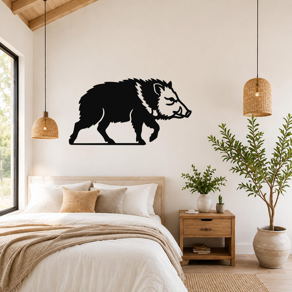Black metal javelina wall art silhouette mounted above a bed in a modern bedroom with wooden furniture and woven pendant lights.