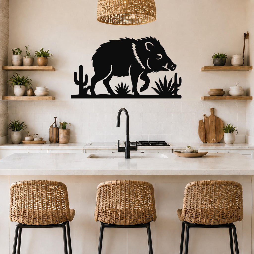 Black metal javelina wall art with cactus and agave cutouts, mounted above a kitchen counter in a rustic Southwest-style kitchen.