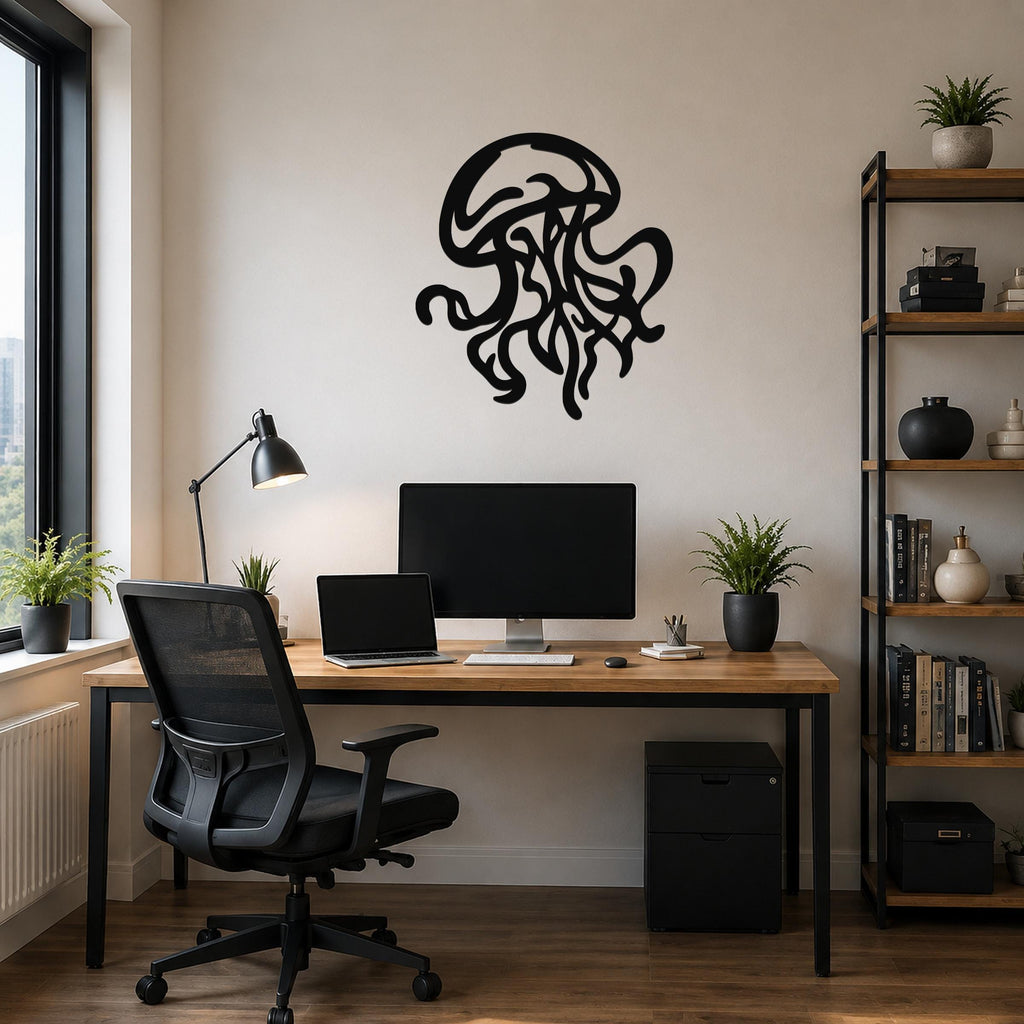 Black metal jellyfish wall art with tentacle cutouts, mounted on a beige wall above a wooden desk in a home office.