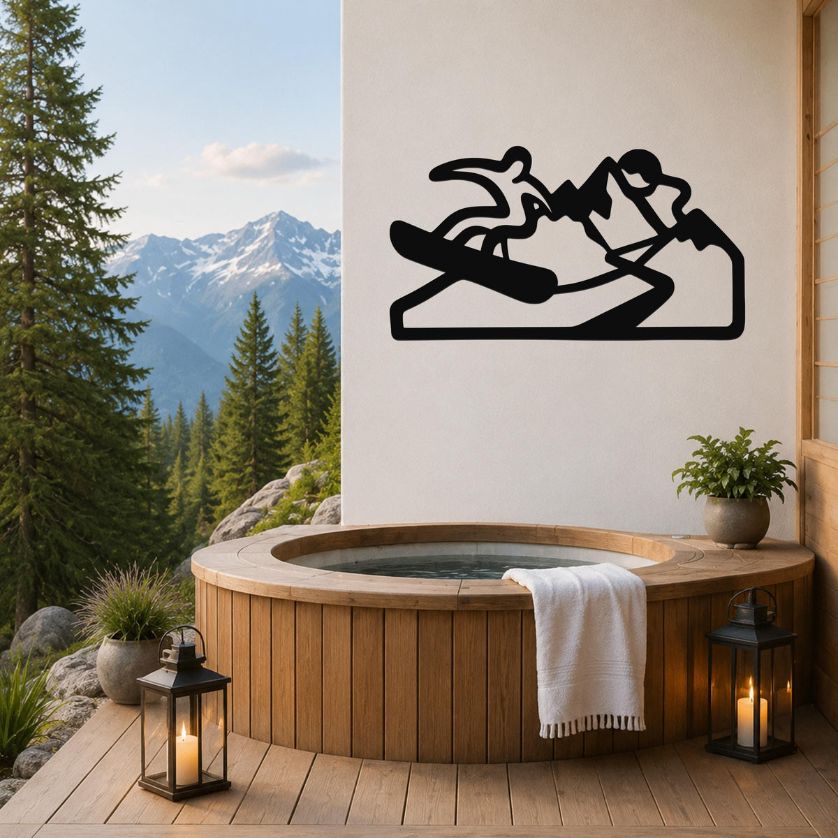 Black metal wall art silhouette of a snowboarder on a mountain, mounted on a white wall above a wooden hot tub on a deck with a mountain view.