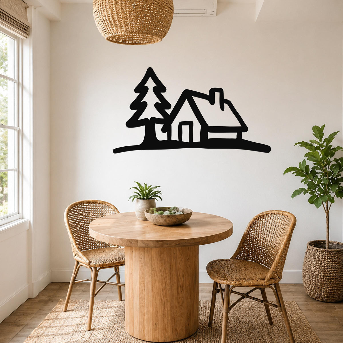 Black metal wall art silhouette of a cabin and pine tree, mounted on a white wall above a round wooden table in a bright dining area.