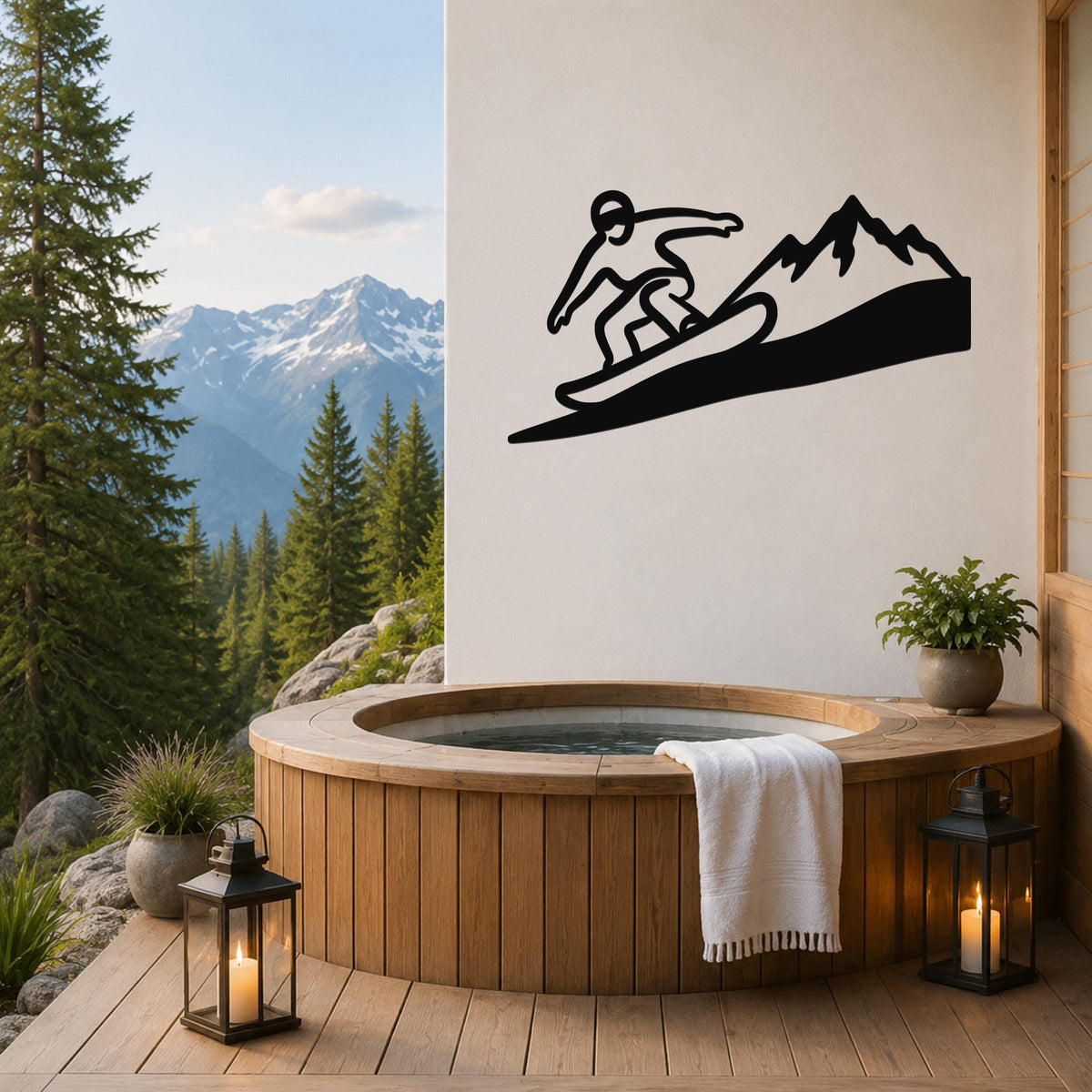 Black metal wall art featuring a snowboarder silhouette on a mountain slope, mounted on a white wall above a wooden hot tub on a deck with mountain views.