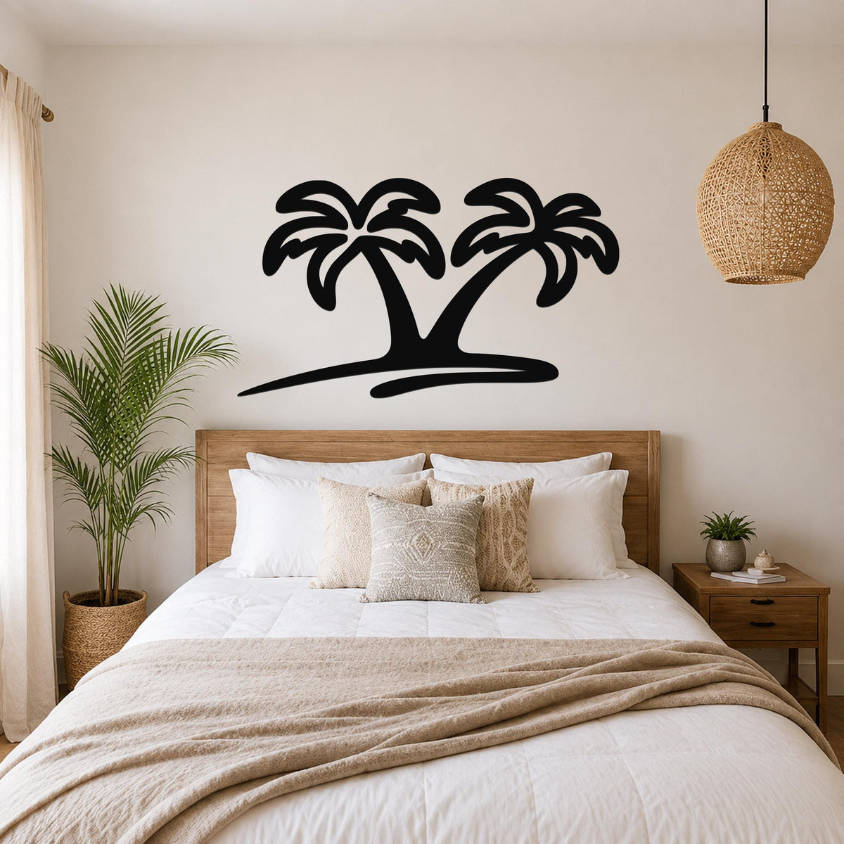 Black metal palm tree wall art with two silhouetted trees, mounted above a wooden bed in a bedroom.
