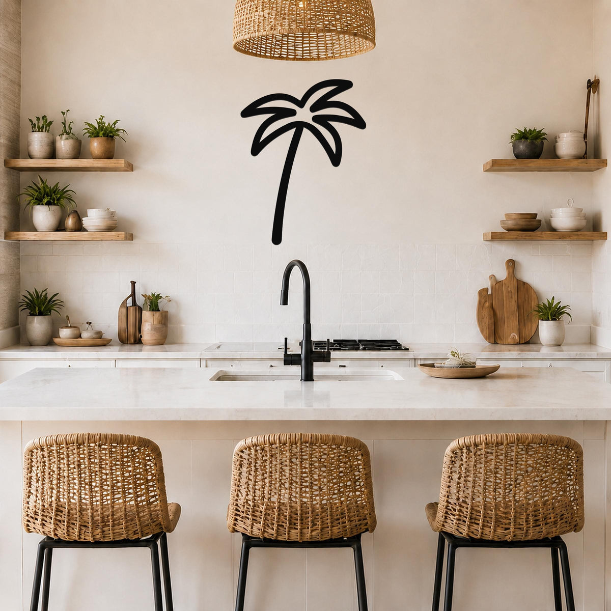 Black metal palm tree wall art silhouette mounted on a kitchen wall above a counter, with a wicker pendant light and woven bar stools below.