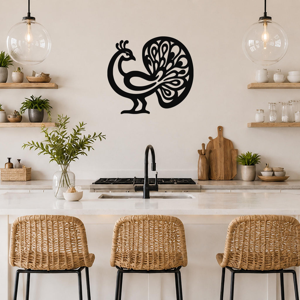 Black metal peacock wall art with intricate feather cutouts, mounted on a kitchen wall above a counter.