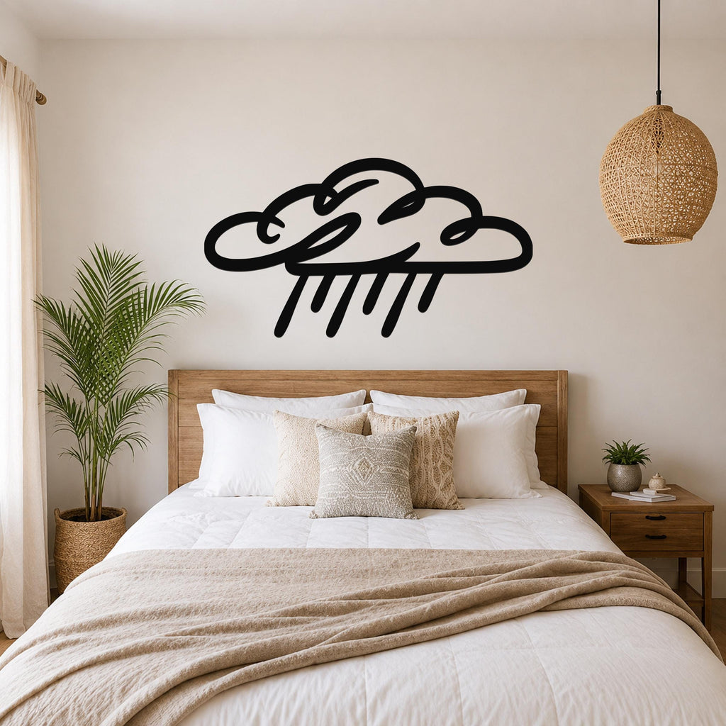 Black metal rain cloud wall art with raindrop cutouts, mounted above a wooden bed in a neutral bedroom.