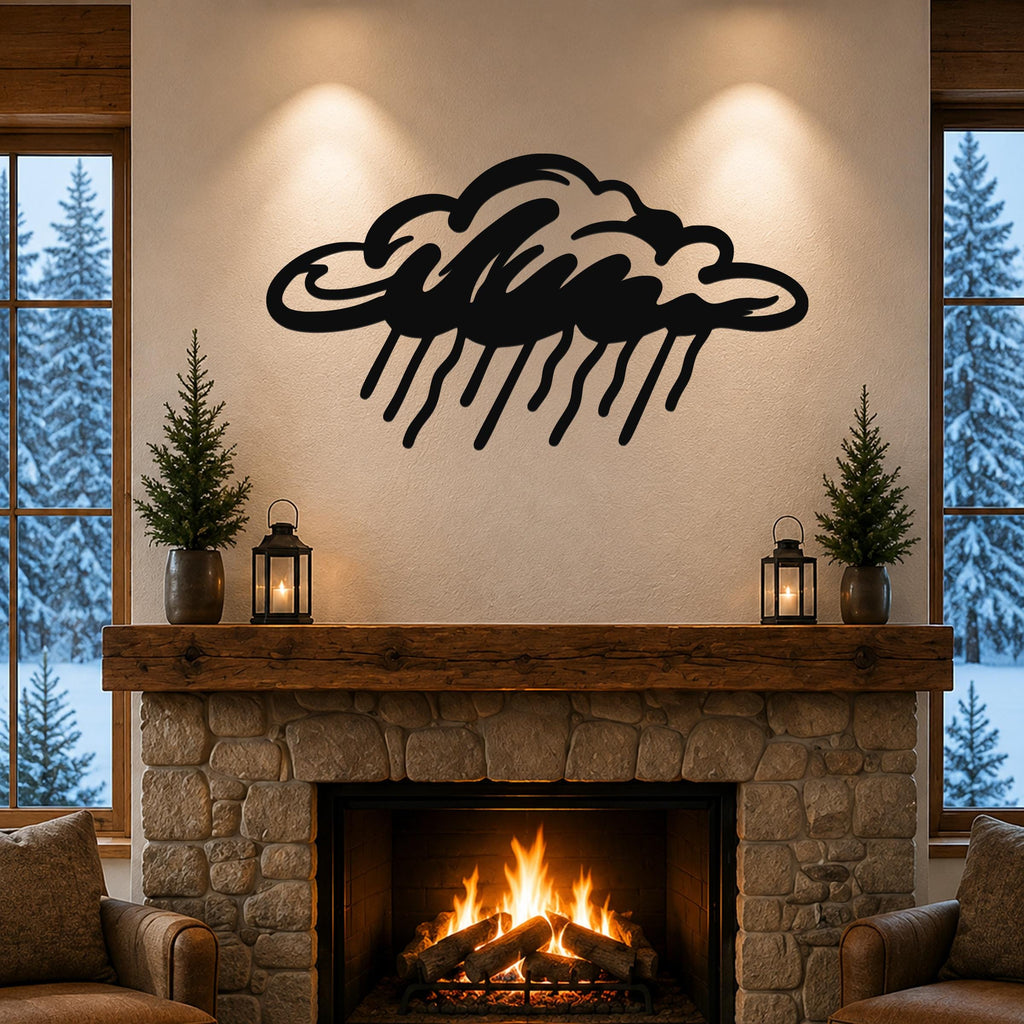Black metal rain cloud wall art with raindrop cutouts, mounted above a stone fireplace in a cozy living room.