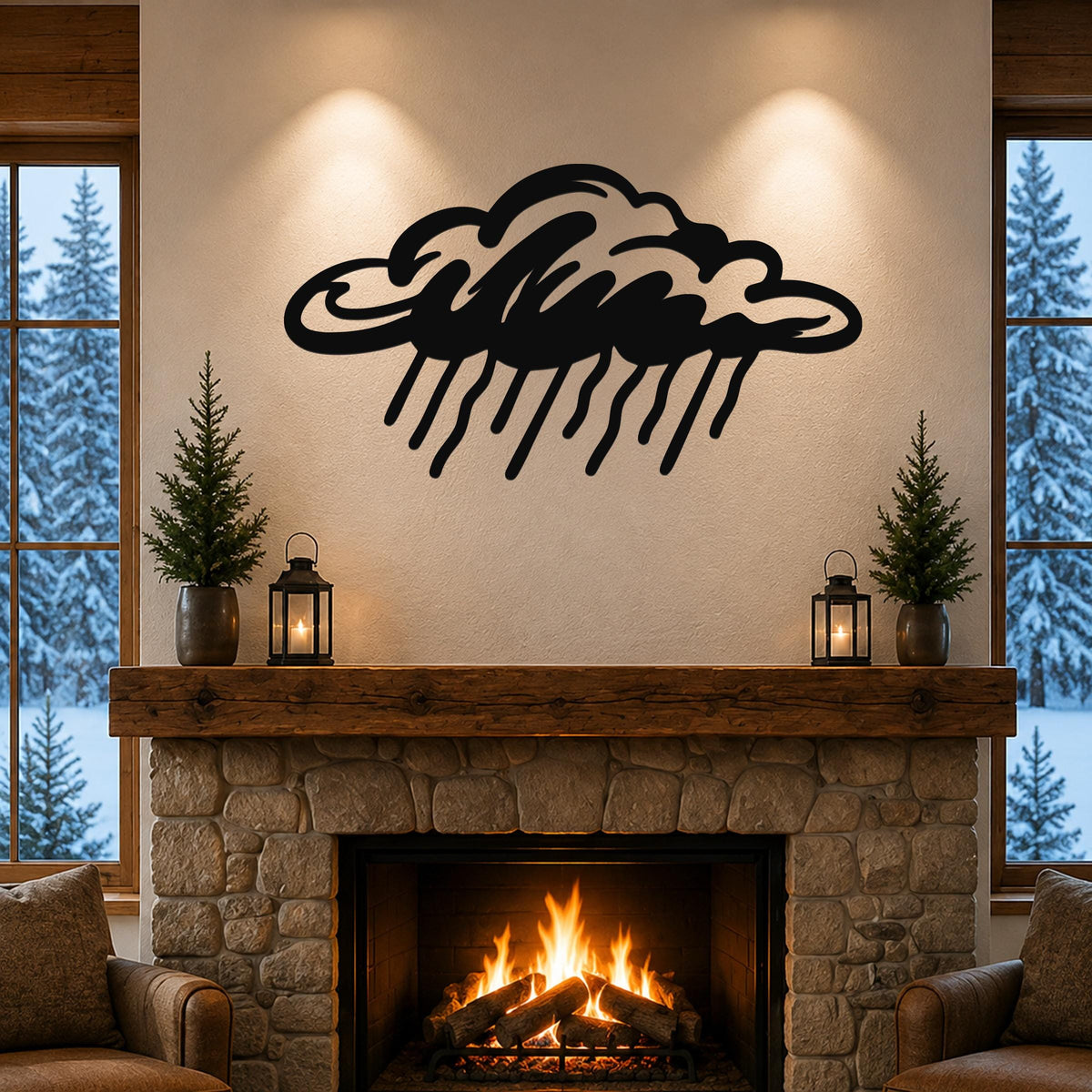 Black metal rain cloud wall art with raindrop cutouts, mounted above a stone fireplace in a cozy living room.