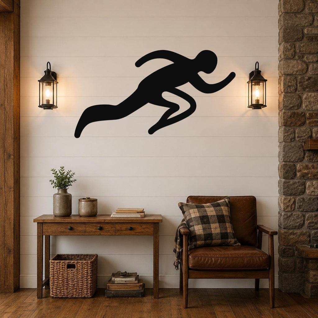 Black metal runner wall art with motion-line cutouts, mounted above a fireplace in a living room.