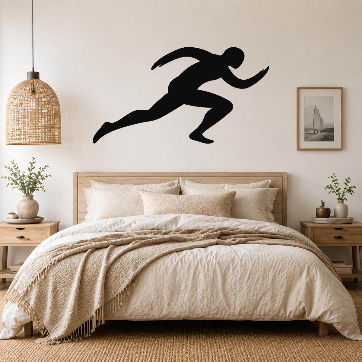 Black metal runner wall art with motion-line cutouts, mounted above a bed in a neutral bedroom.