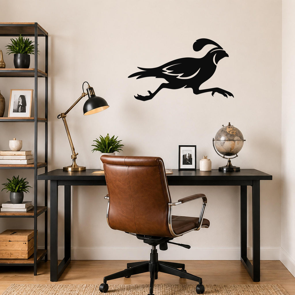 Black metal quail wall art with motion-line cutouts, mounted above a black desk in a home office.