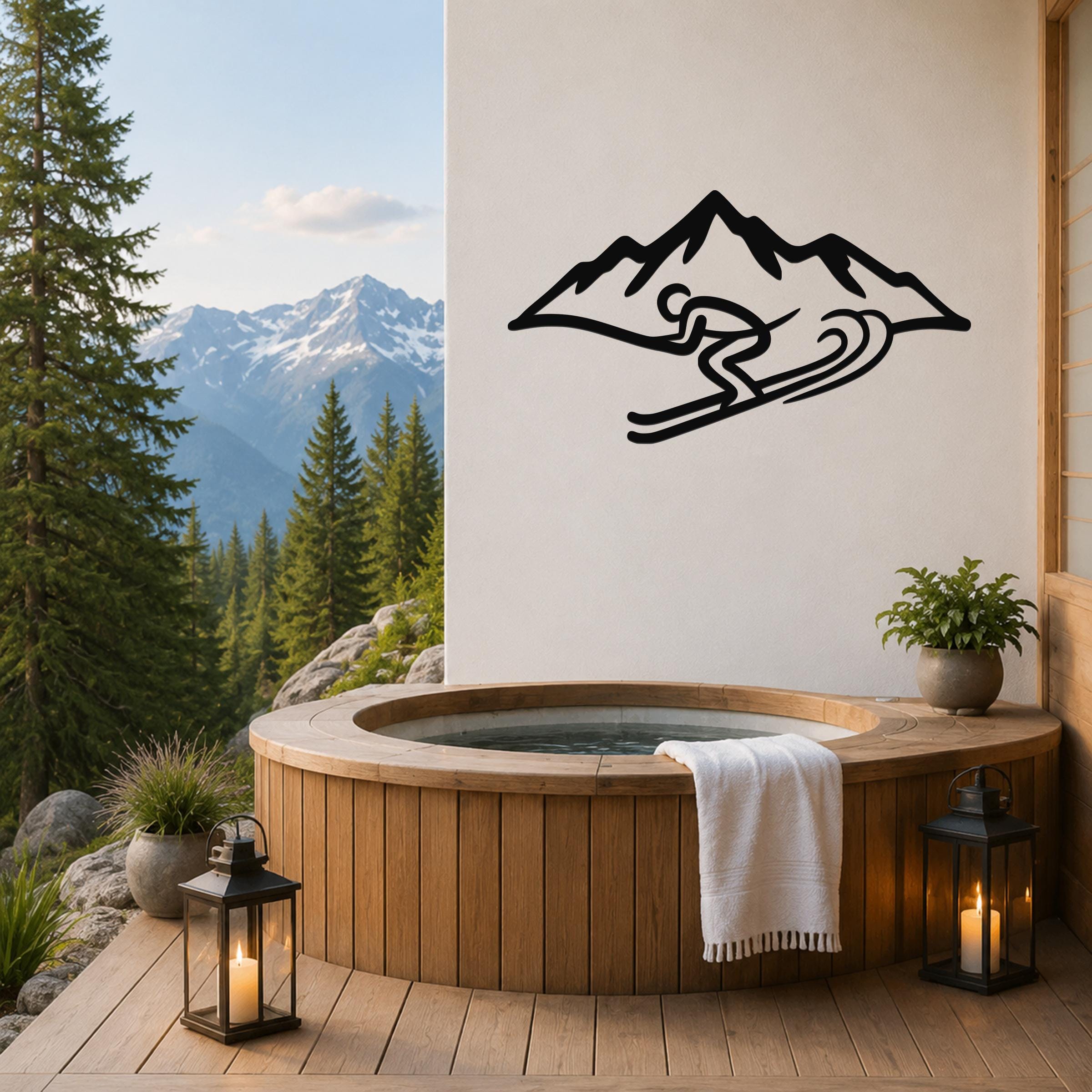 Black metal wall art of a skier silhouette in motion over a mountain, mounted on a white wall above a wooden hot tub on a deck with a mountain view.