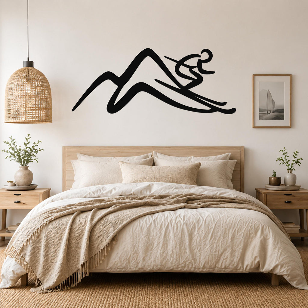 Black metal wall art featuring a skier silhouette above a bed in a neutral bedroom.