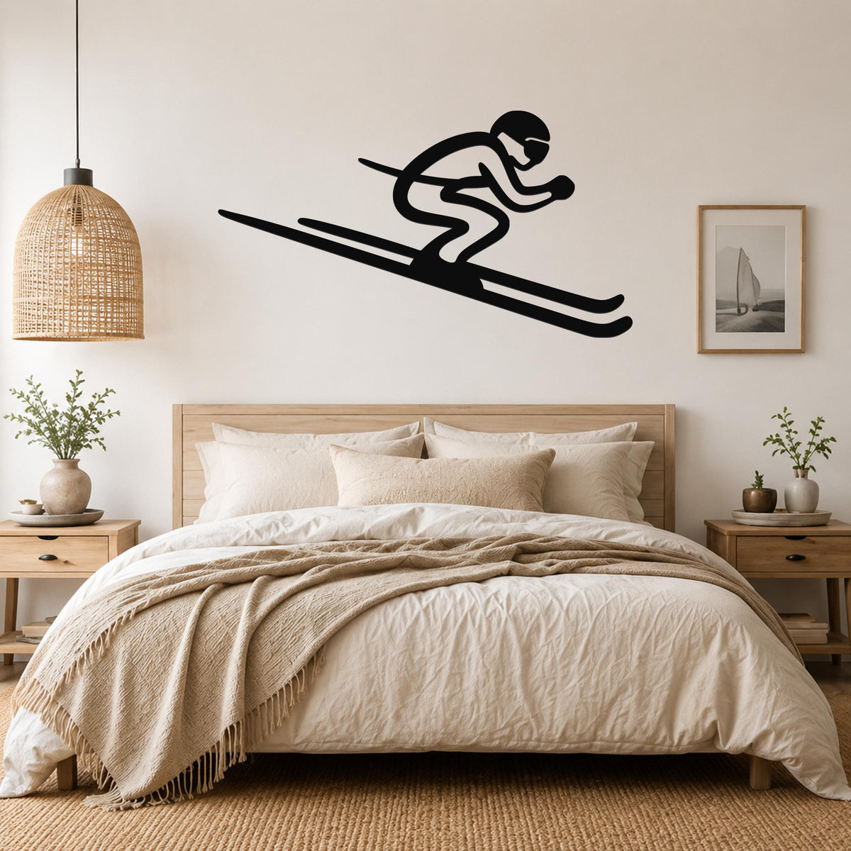 Black metal skier silhouette wall art with motion lines, mounted above a bed in a neutral bedroom.