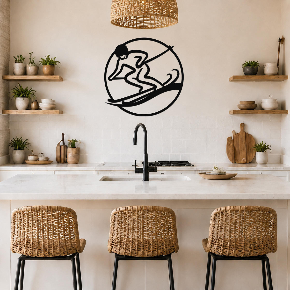 Black metal wall art of a surfer silhouette inside a circle, mounted on a kitchen wall above a counter with wicker bar stools.