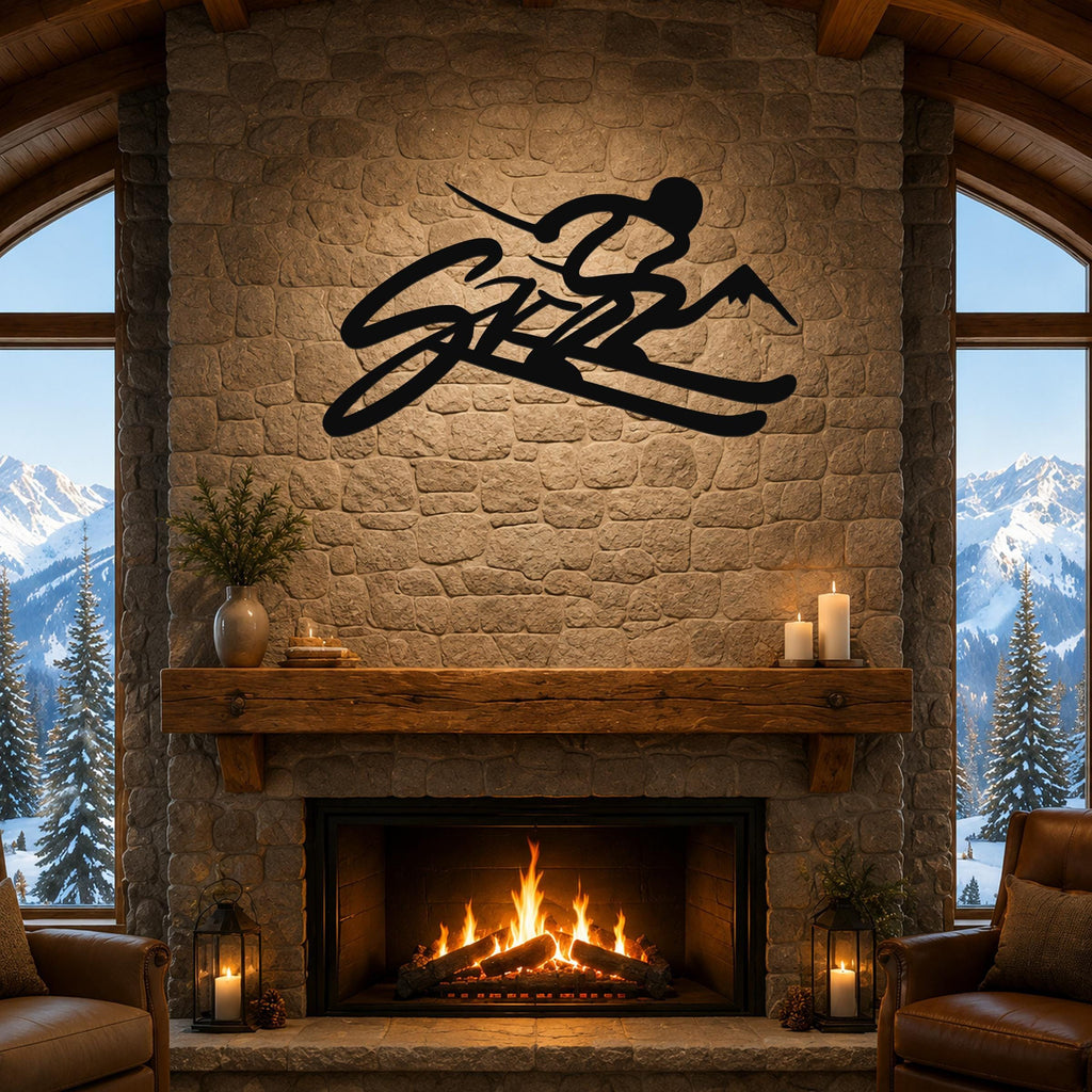 Black metal wall art in a skiing silhouette design, mounted above a stone fireplace in a rustic living room with mountain views.