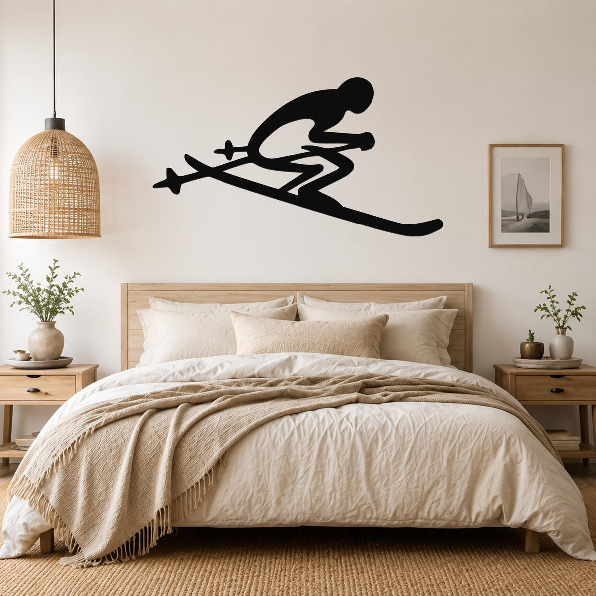 Black metal wall art of a skier silhouette with ski poles, mounted above a bed in a bedroom.