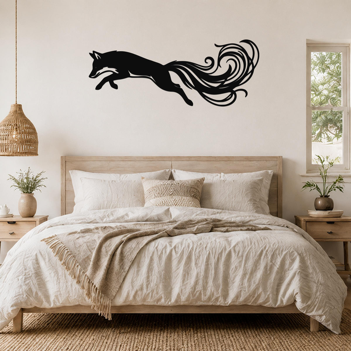 Black metal fox wall art with flowing tail cutouts, mounted above a wooden bed in a neutral bedroom.