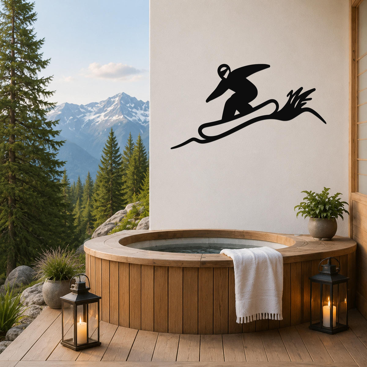 Black metal wall sculpture of a snowboarder in motion, mounted on a white wall above a wooden hot tub on a mountain-view deck.