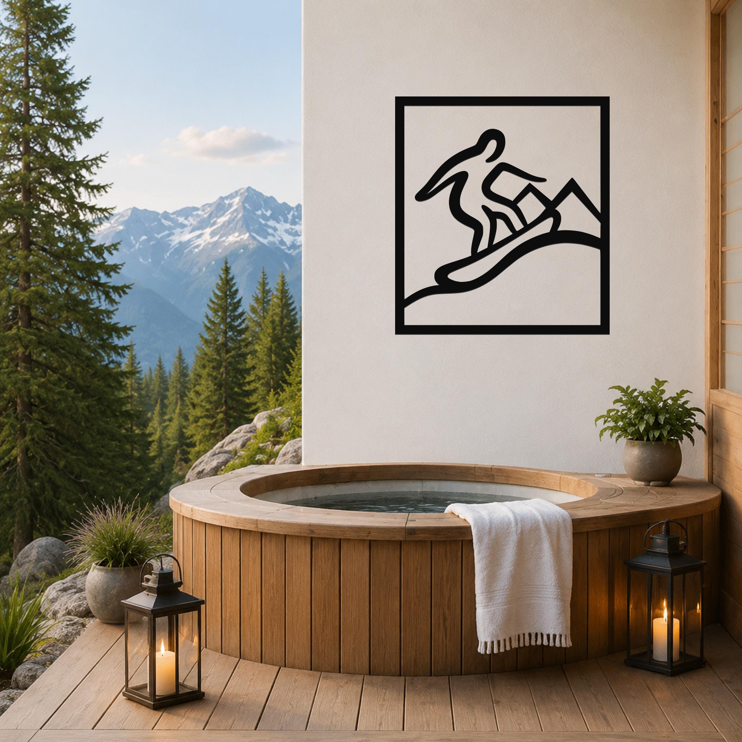Black metal wall art with a minimalist silhouette of a snowboarder in motion, mounted on a white wall above a wooden hot tub on a mountain-view deck.