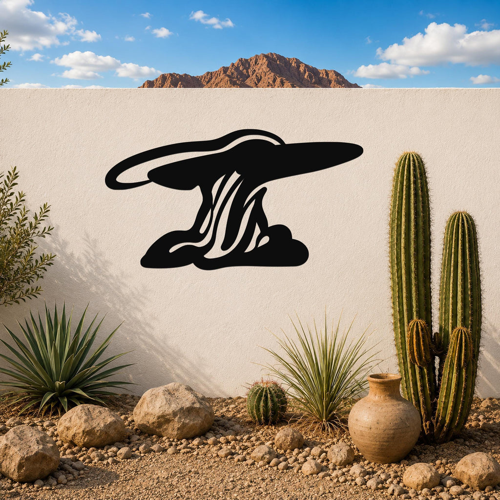 Black metal wall art silhouette of a storm cloud with internal motion lines, mounted on a white outdoor wall above a desert garden with cacti and rocks.