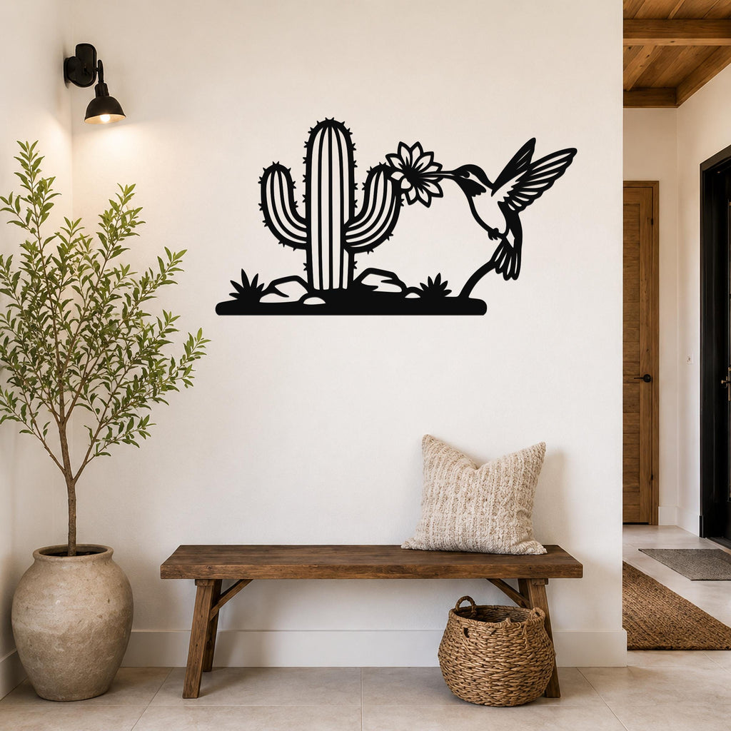 Metal Wall Art Desert Wildlife Sculpture - Sonoran Hummingbird with Saguaro Cactus, Weatherproof Steel, Indoor Outdoor Southwestern Decor