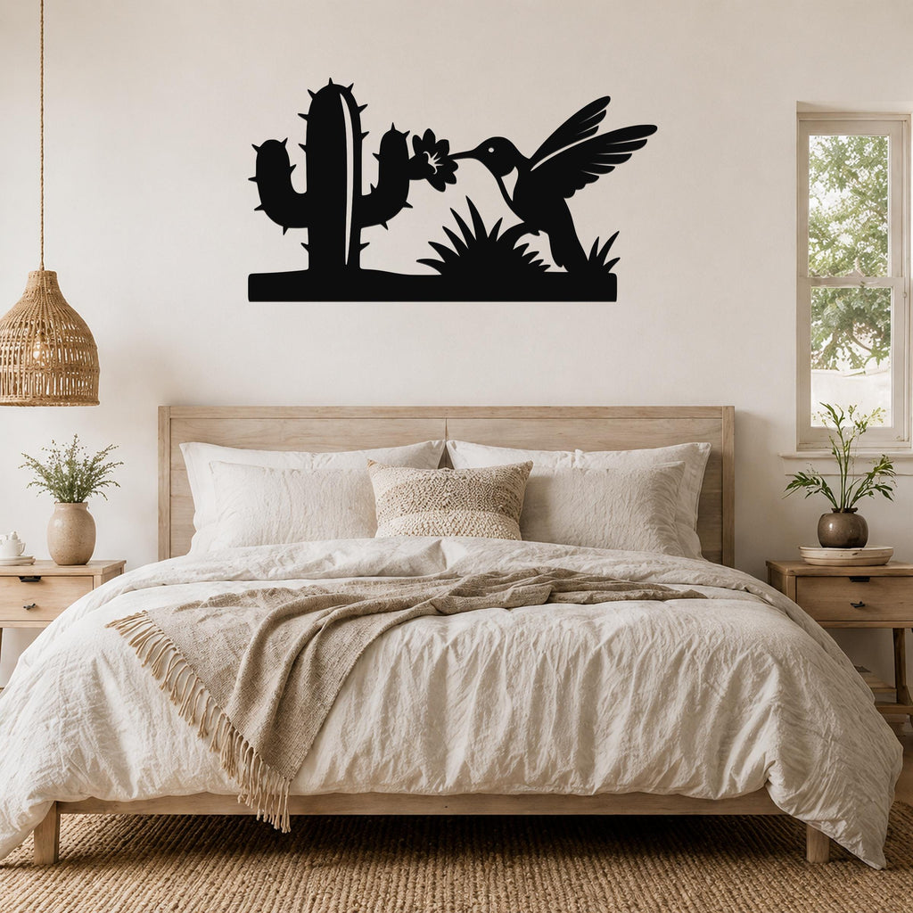 Southwestern Decor Metal Wall Art - Desert Wildlife Silhouette - Hummingbird and Saguaro Design, Steel, Indoor Outdoor Accent
