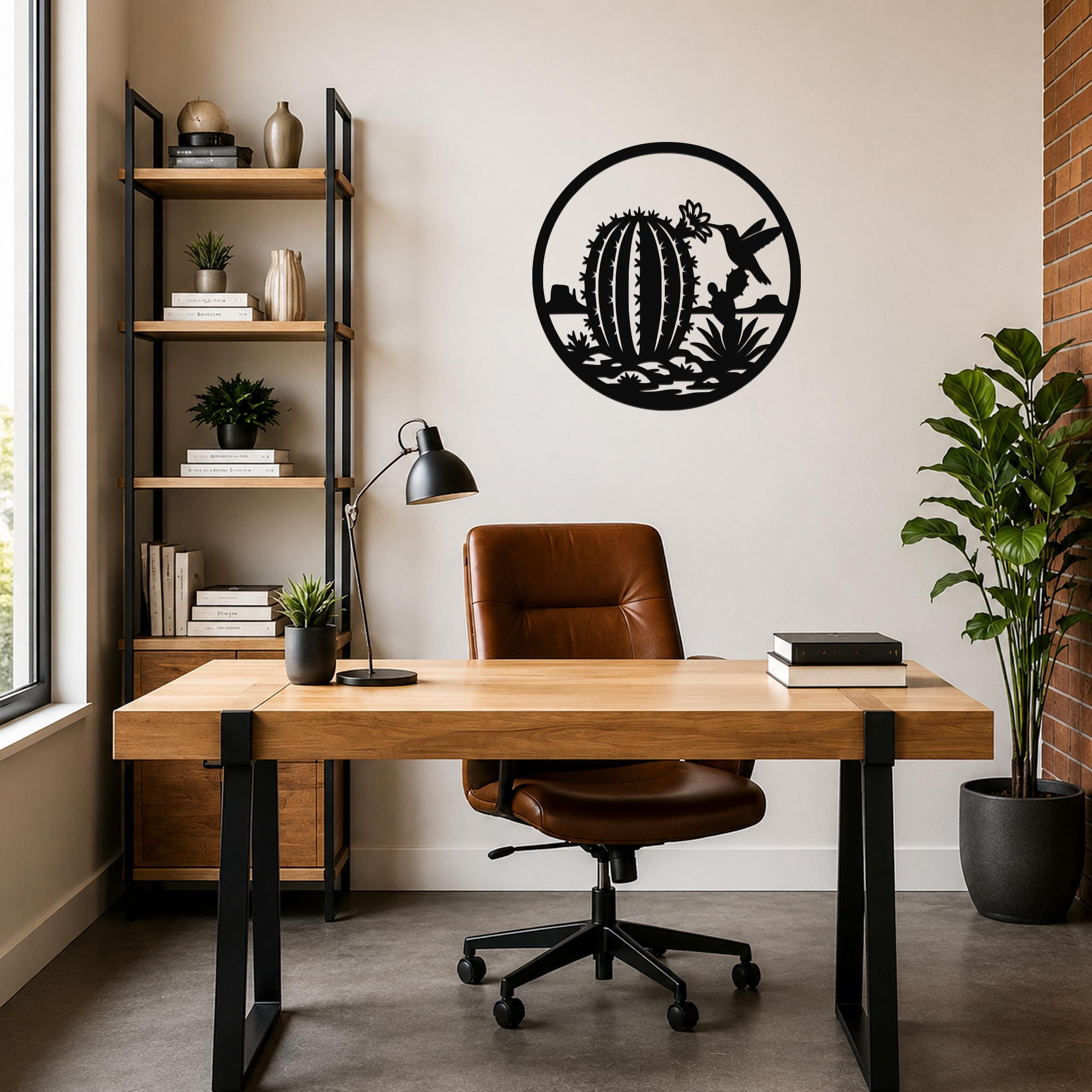 Barrel Cactus Metal Wall Art: Desert Hummingbird Silhouette - Weatherproof Steel, Indoor Outdoor Use, Southwestern Style