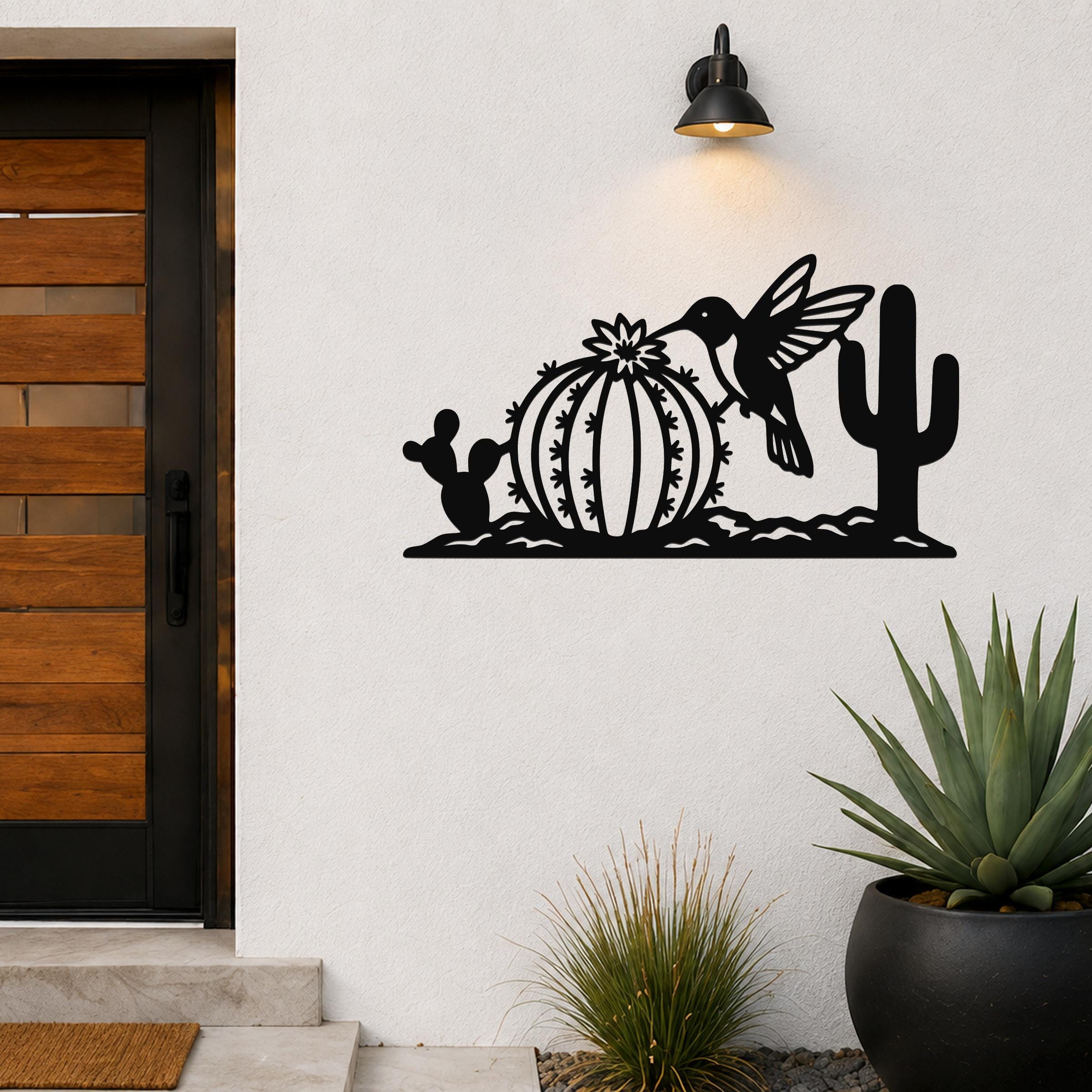 Southwestern Decor Metal Wall Art - Desert Wildlife Sculpture Hummingbird And Barrel Cactus, Weatherproof, Indoor Outdoor Accent