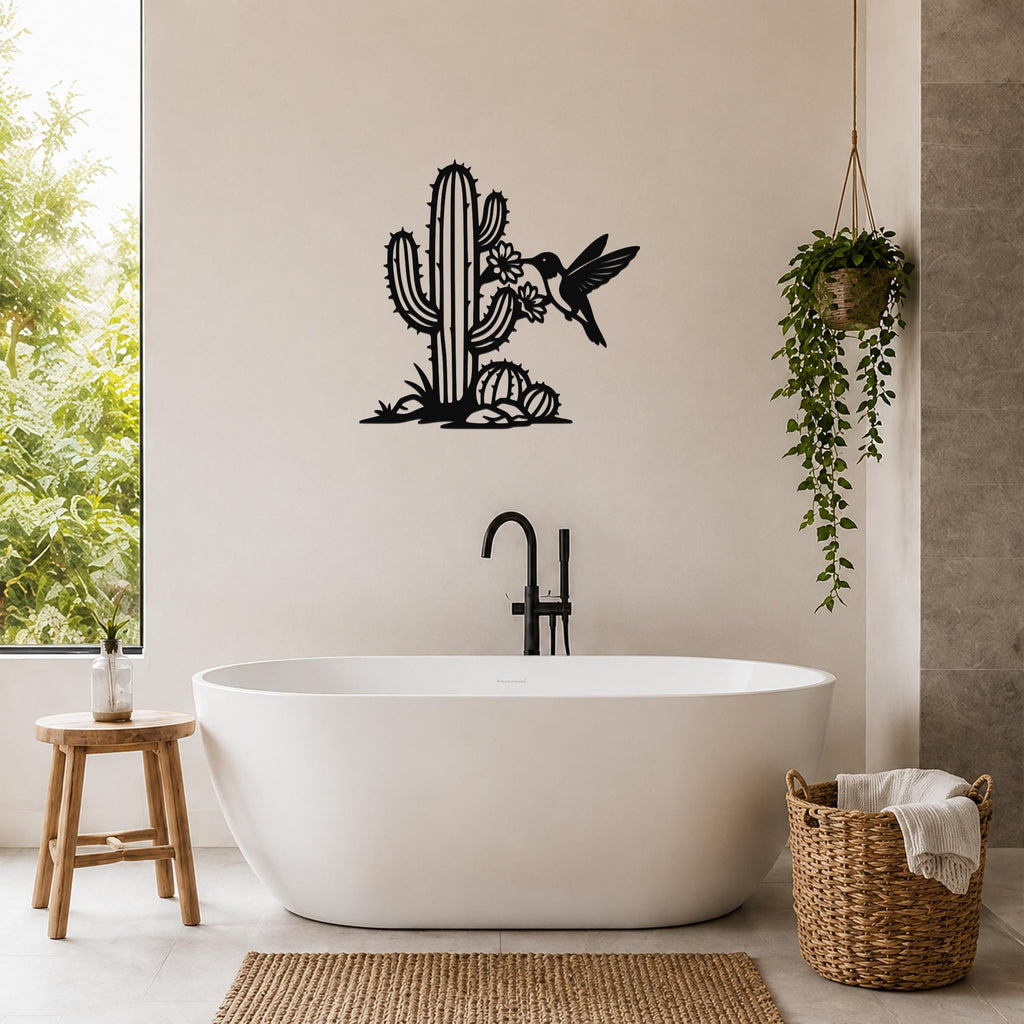 Southwestern Decor Metal Wall Art - Sonoran Desert Scene with Layered Cactus and Hummingbird - Weatherproof Steel, Indoor Outdoor Display