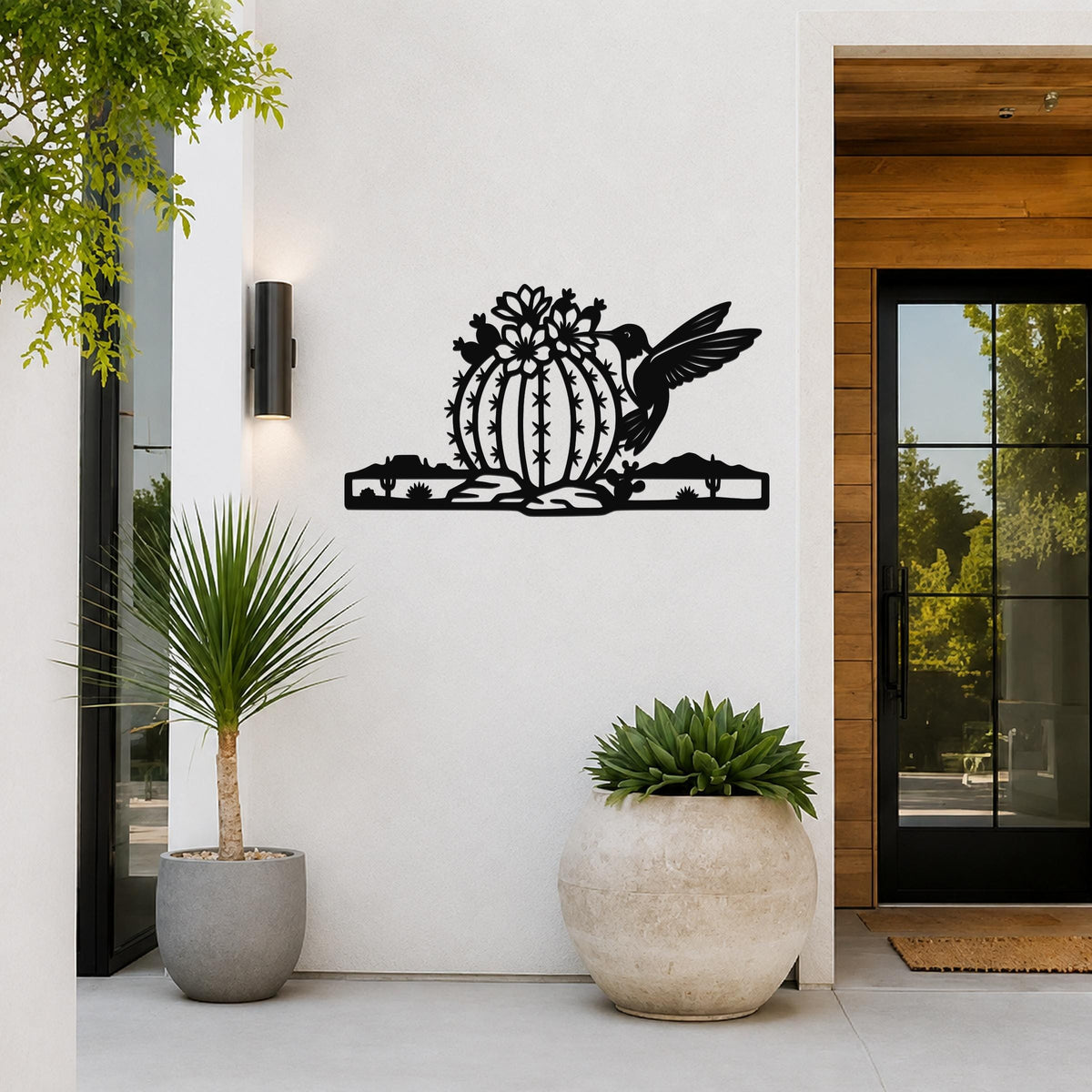 Barrel Cactus Metal Wall Art Desert Life Sculpture, Hummingbird Detail (Weatherproof Steel, Indoor Outdoor, Southwestern Style)