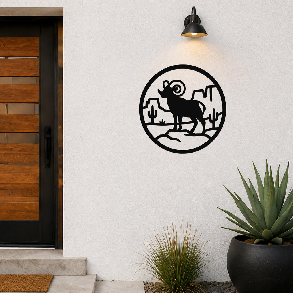 Bighorn Sheep Metal Wall Art - Western Wildlife Decor, Curled Horns Design - Weatherproof Steel, Indoor Outdoor Accent