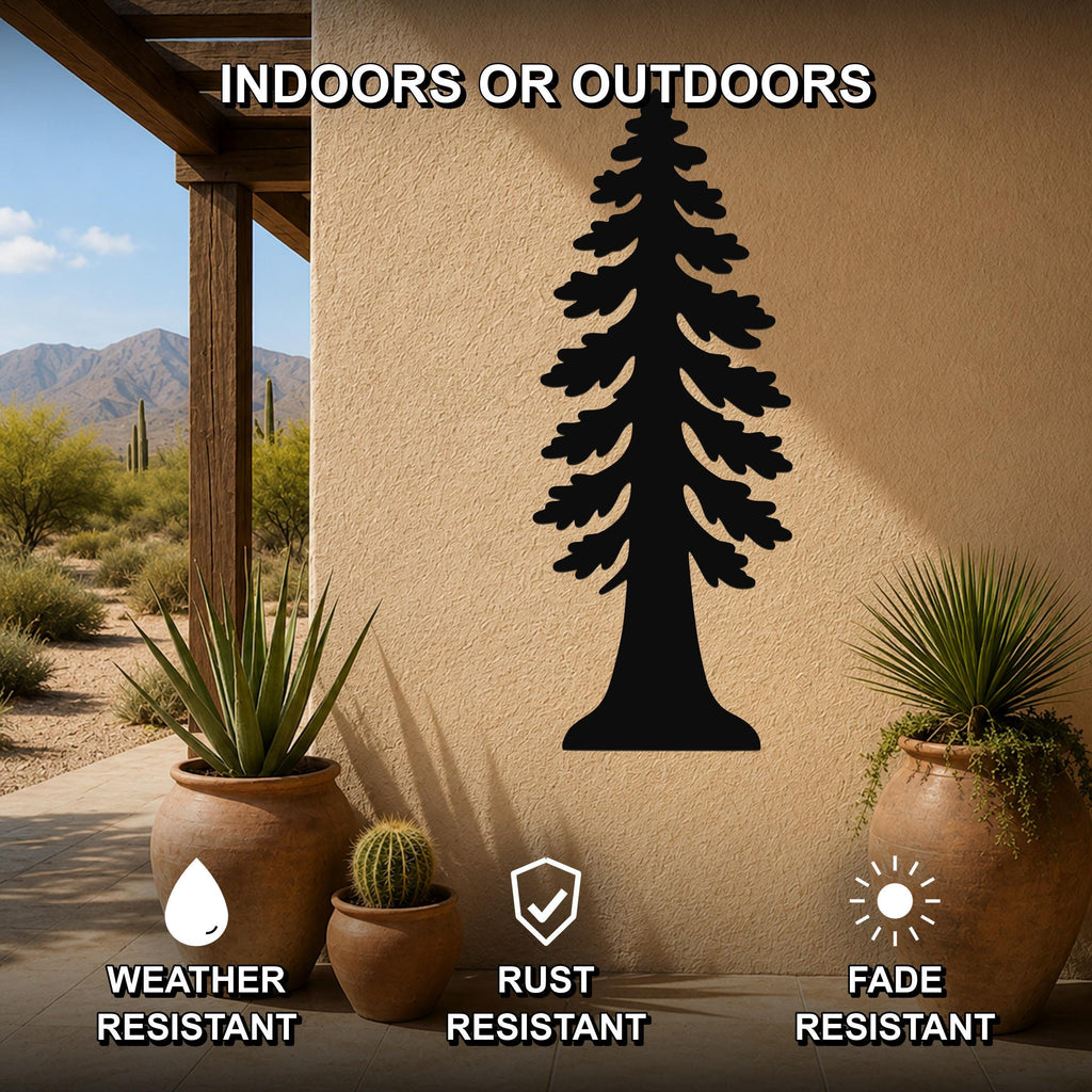 Black metal redwood tree wall art silhouette mounted on an outdoor patio wall, weather resistant, rust resistant, and fade resistant, with potted plants nearby.