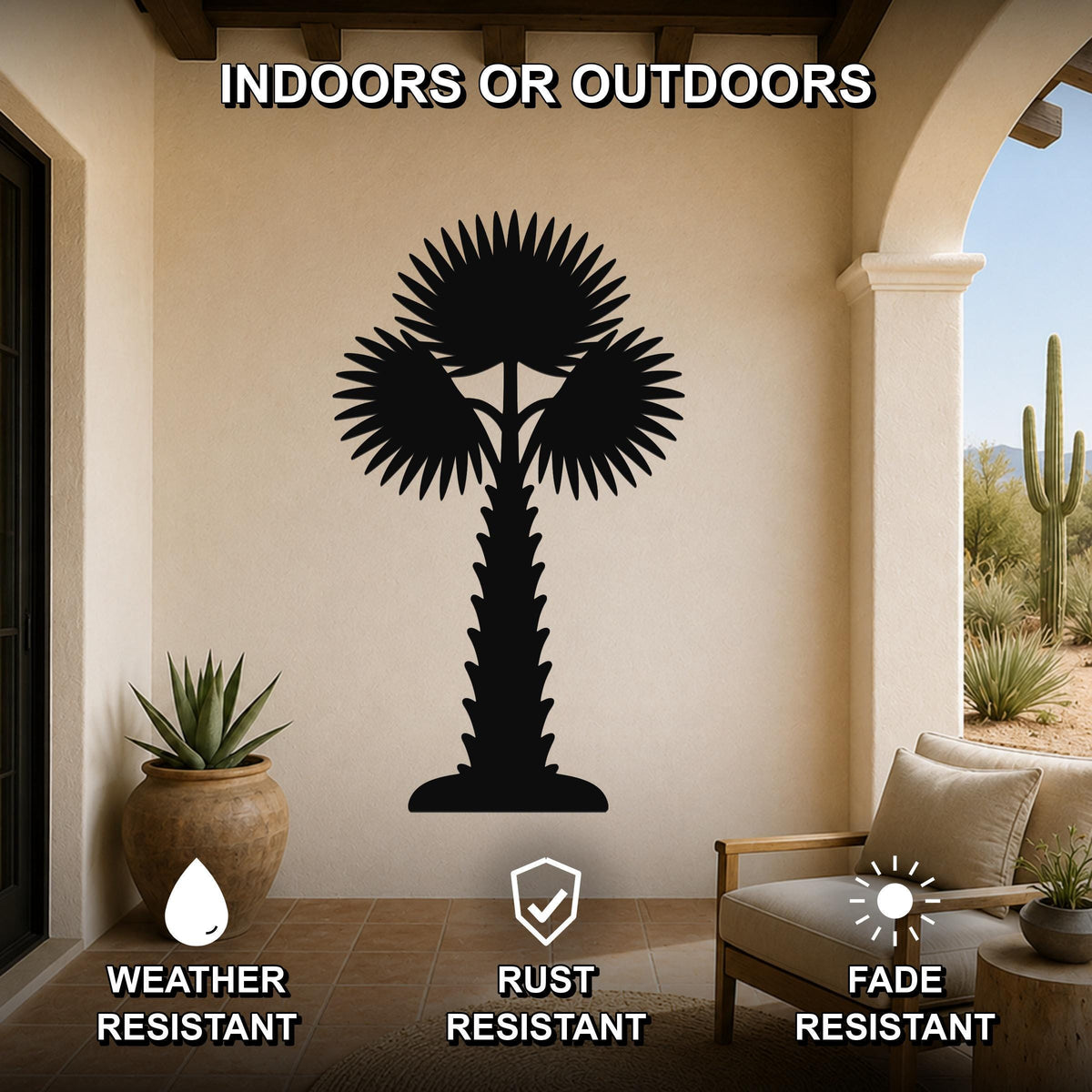 Black metal palm tree wall art with layered frond cutouts, mounted on a beige outdoor patio wall above a wooden chair.