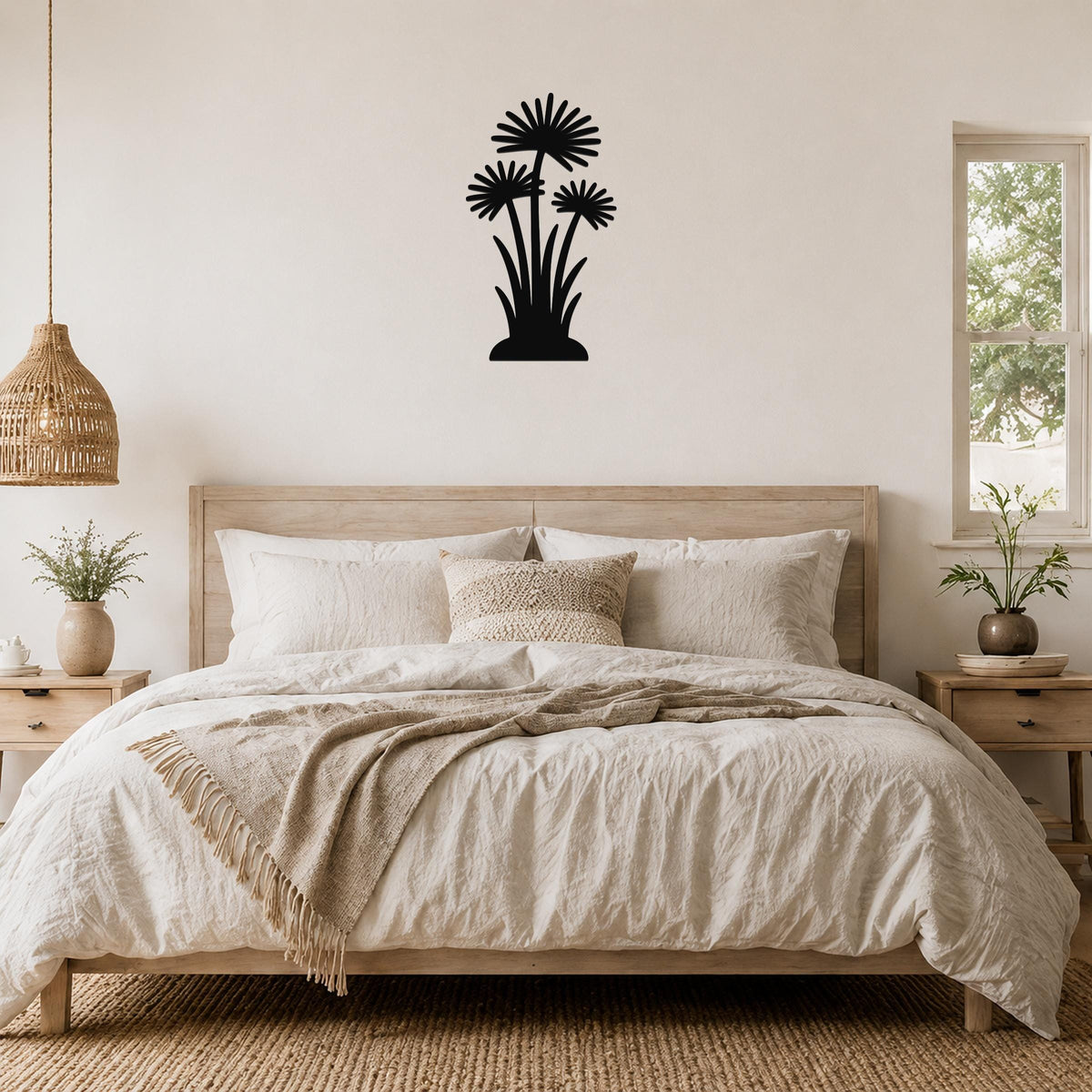 Black metal wall art featuring a silhouette of three daisy-like flowers with long stems and leaves, mounted on a wall above a bed in a bedroom.