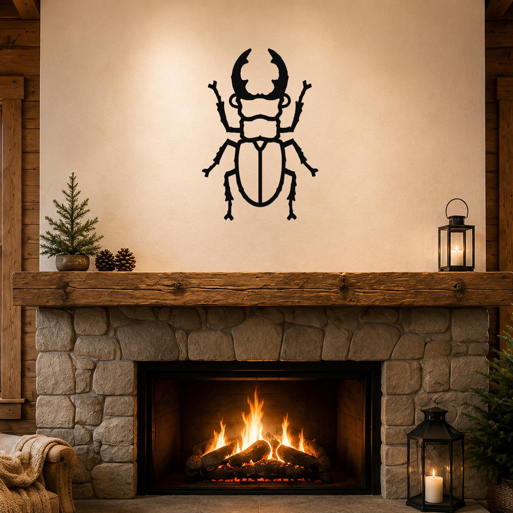 Black metal beetle wall art with detailed cutout features, mounted above a stone fireplace in a rustic living room.
