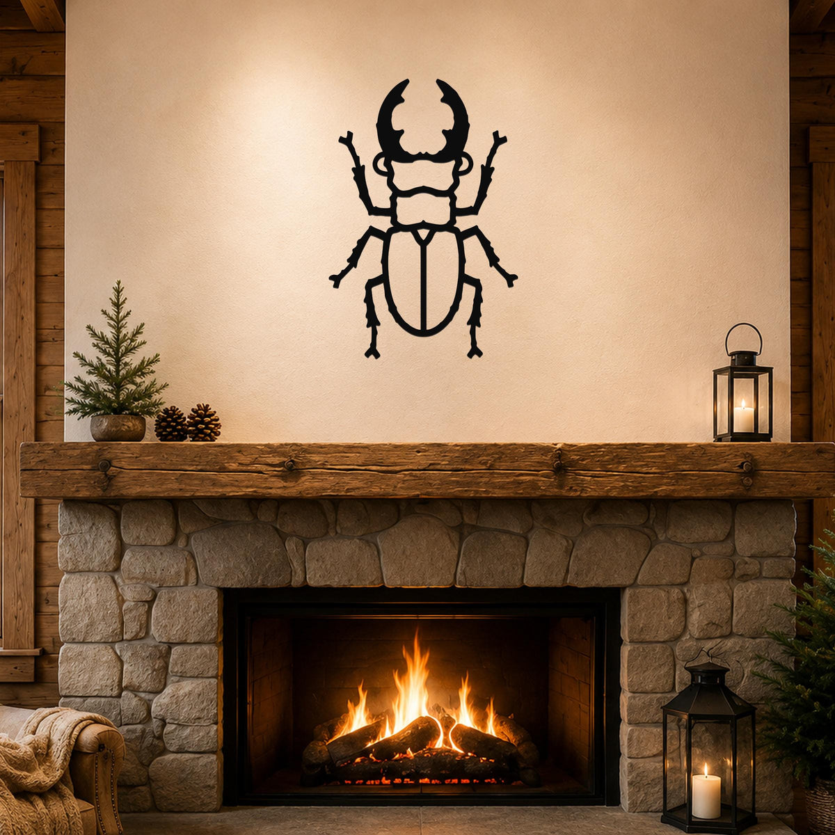 Black metal beetle wall art with detailed cutout features, mounted above a stone fireplace in a rustic living room.