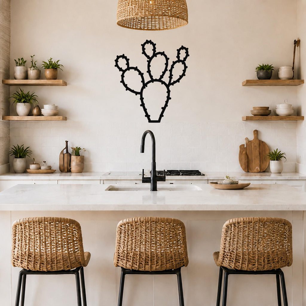 Black metal prickly pear cactus wall art with detailed spine cutouts, mounted on a kitchen wall above a marble countertop.